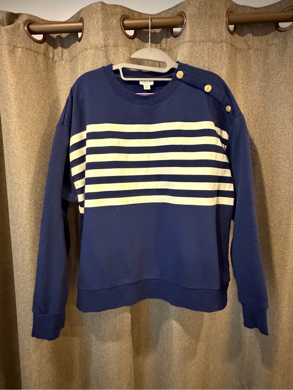 J. Crew Navy and White Striped Shoulder-Button Sweatshirt